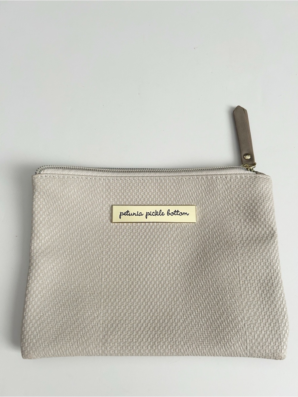 Petunia Pickle Bottom Cream Textured Cosmetic Pouch with Gold Plaque
